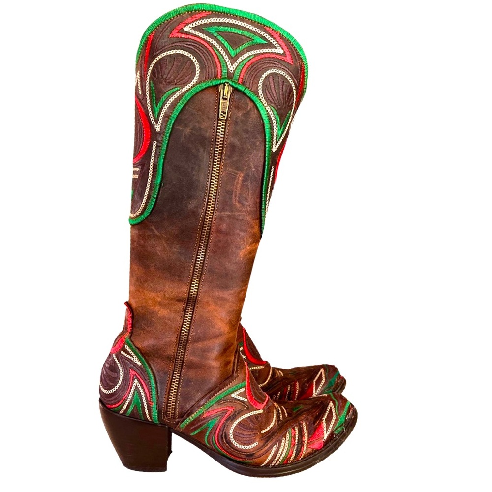 Brown Embroidered Western Heeled Boots - Women